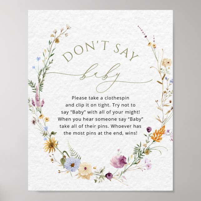 Affiche Baby shower fleur sauvage ne pas dire jeu de bébé (Devant)