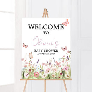 Affiche Baby shower Fleur sauvage petit papillon Bienvenue