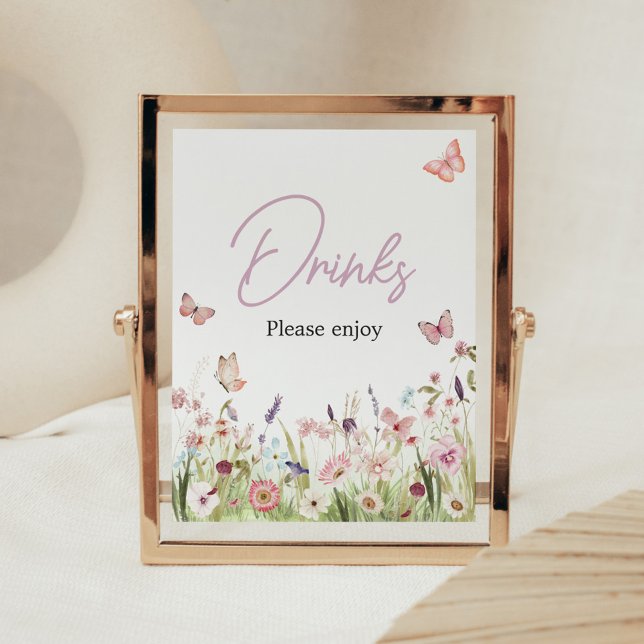 Affiche Baby shower Fleur sauvage petit papillon Boissons (Wildflower Little Butterfly Baby Shower Drinks Sign)