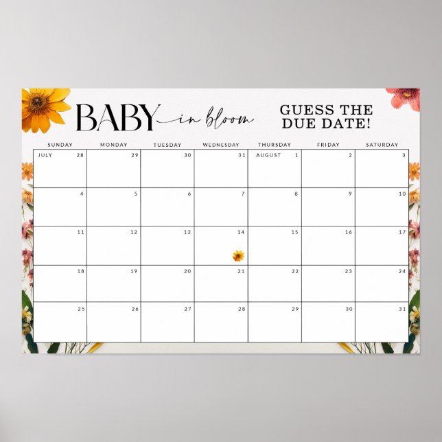 Affiche Baby shower Fleur sauvage pressé devine la date d' (Devant)