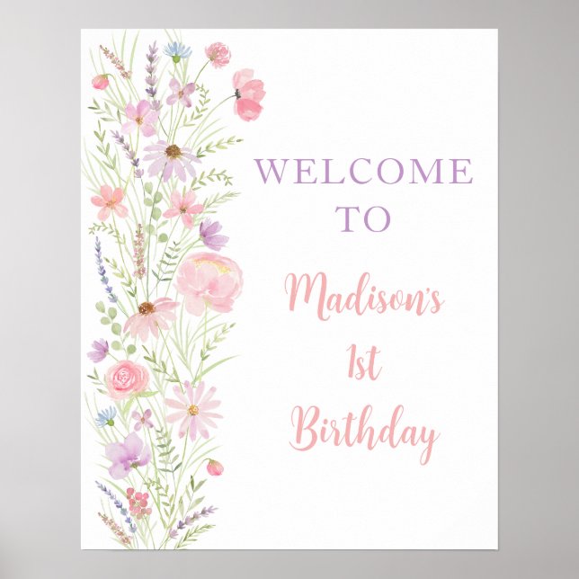 Affiche Baby shower Fleur sauvage rose Pastel Accueil (Devant)