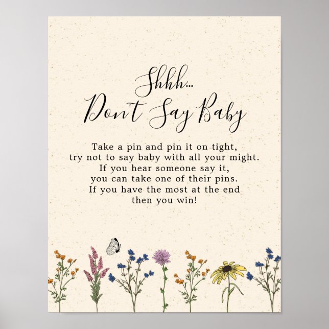 Affiche Baby shower Fleur sauvage vintage Ne pas dire bébé (Devant)