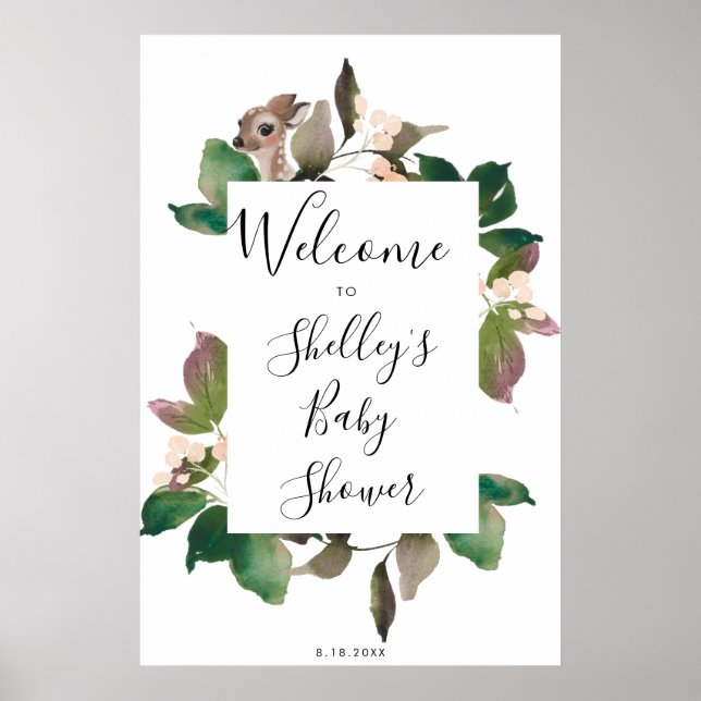 Affiche baby shower fleuri de cerf mignon signe de bienven (Devant)