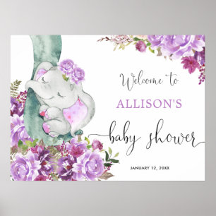 Affiche Baby shower fleuri d'éléphant mauve fille bienvenu
