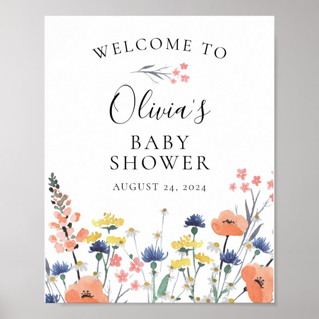 Affiche baby shower fleuri fleur sauvage aquarelle Bienven (Devant)