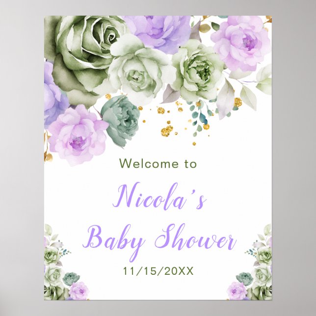 Affiche Baby shower fleuri vert Sage et violet Bienvenue (Devant)