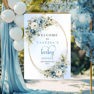 Affiche Baby Shower Fleurs Bleues Pâles Bohème Eucalyptus