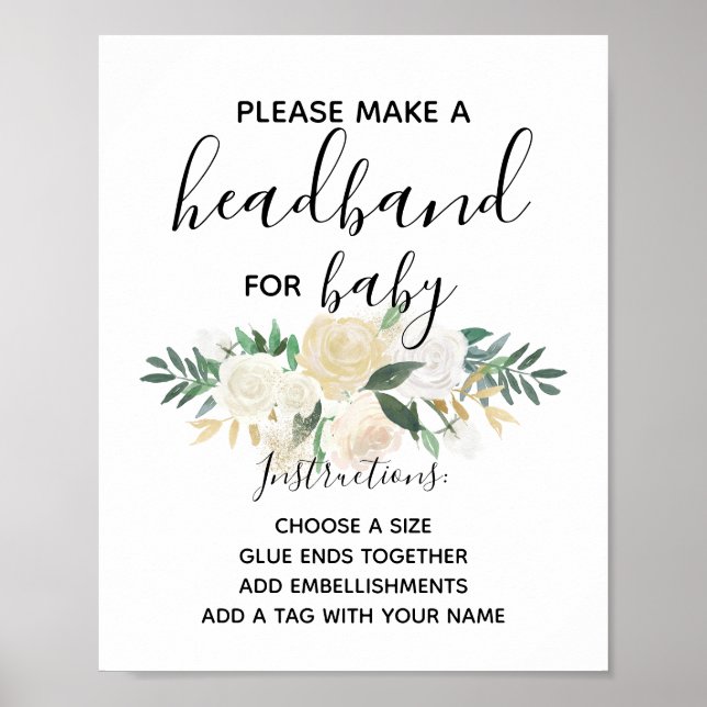 Affiche Baby shower Fleurs Headband Station Activité (Devant)
