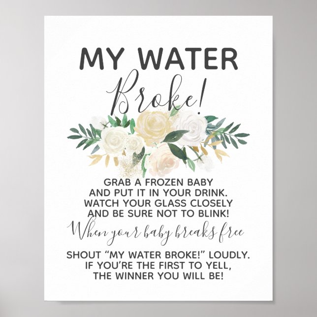 Affiche Baby shower Fleurs Mon Eau Broke Jeu Signe (Devant)