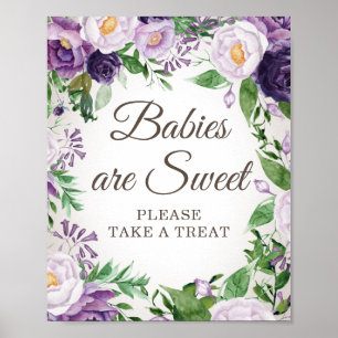 Affiche Baby-Shower Fleurs Violettes Bébés Sucrés Prenez u