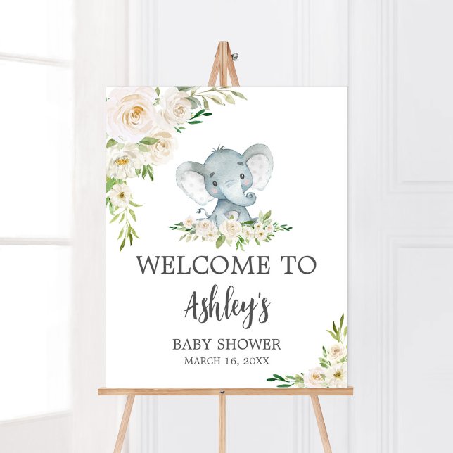 Affiche Baby shower Floral Blanc Elephant Bienvenue (A Little Peanut is on the Way Baby Shower Welcome Sign)