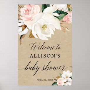 Affiche Baby shower floral blanc rustique