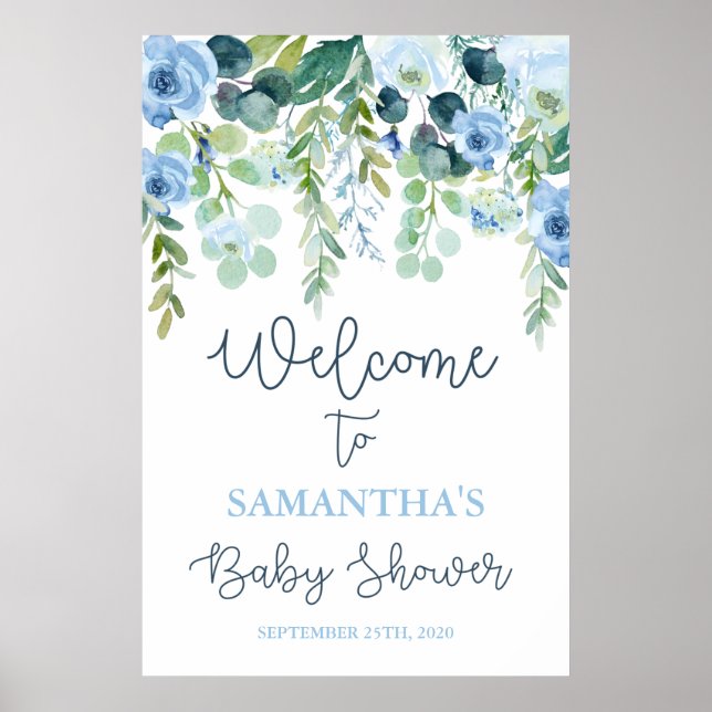 Affiche Baby shower floral bleu Boy Panneau de bienvenue (Devant)