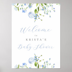 Affiche Baby shower Floral bleu clair Bienvenue