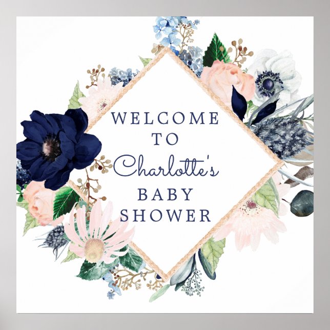 Affiche Baby shower floral bleu et bleu marine Bienvenue (Devant)