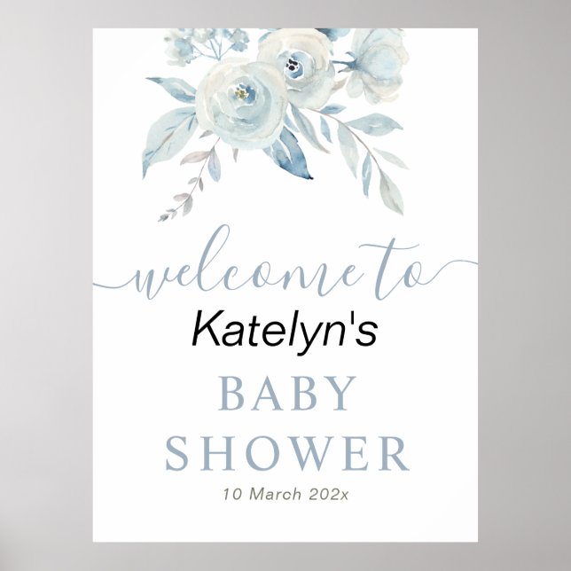 Affiche baby shower floral bleu poussiéreux panneau d'accu (Devant)