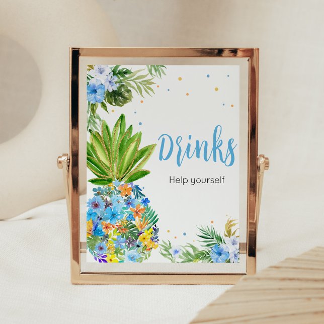 Affiche Baby shower Floral Blue Ananas Boissons (Blue Gold Pineapple Baby Shower Drinks Sign)