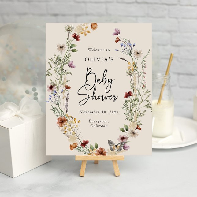 Affiche Baby shower Floral Boho (Boho Wildflower Floral Baby Shower Poster by Painted Paperie
)