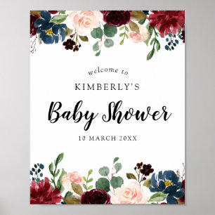 Affiche Baby shower floral bordeaux et marine signe de bie