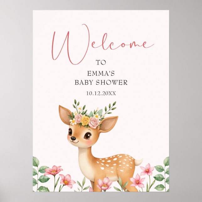Affiche Baby shower Floral de Cerf mou Bienvenue Baby show (Devant)