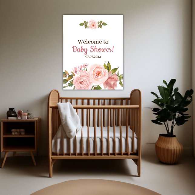 Affiche Baby shower floral de couleur Rose clair (Blush Rose Watercolor Floral Baby Shower Poster)
