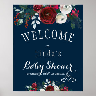 Affiche Baby shower Floral d'hiver rustique de la Marine d