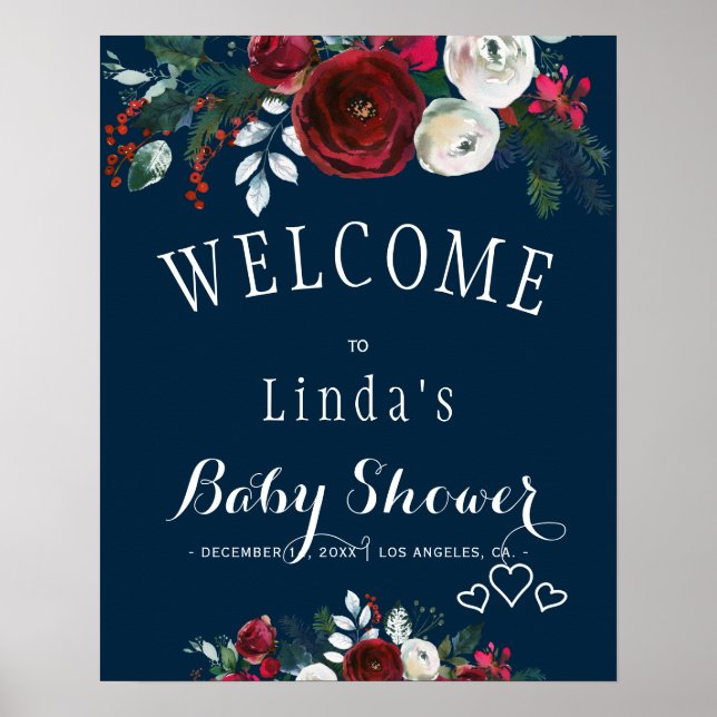 Affiche Baby shower Floral d'hiver rustique de la Marine d (Devant)