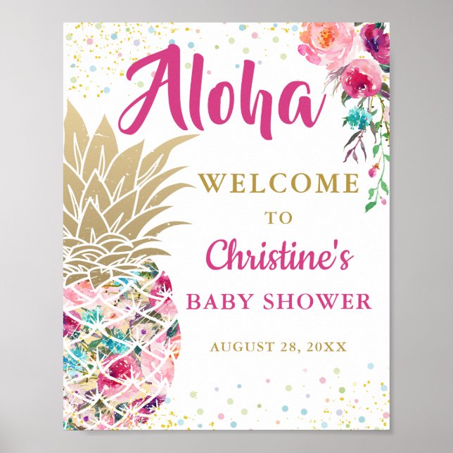 Affiche Baby shower floral rose ananas tropical Bienvenue (Devant)
