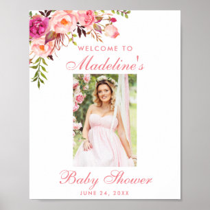 Affiche Baby shower Floral rose Bienvenue Photo