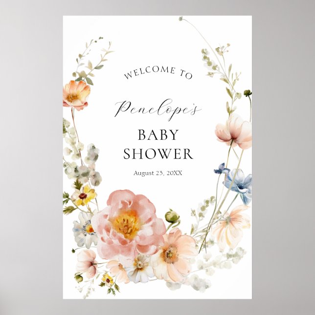 Affiche Baby shower floral rose doux Bienvenue (Devant)