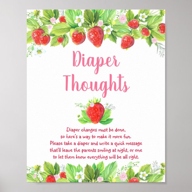Affiche Baby shower floral rose fraise Pensées de couche (Devant)