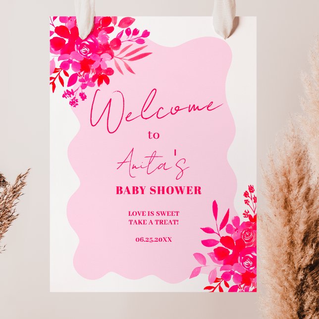 Affiche Baby shower floral rose ondulé rose chaud (Hot pink wavy red pink floral baby shower welcome poster)