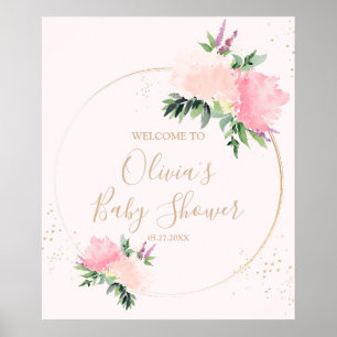 Affiche Baby shower Floral rose or Bienvenue