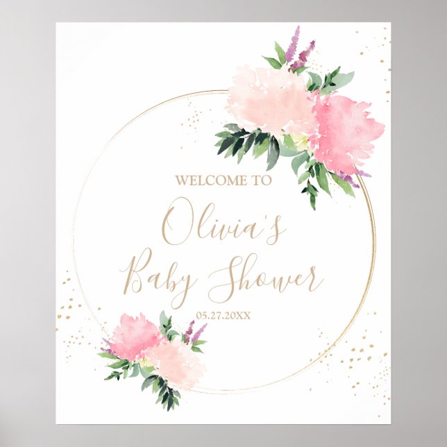 Affiche Baby shower Floral rose or Bienvenue (Devant)