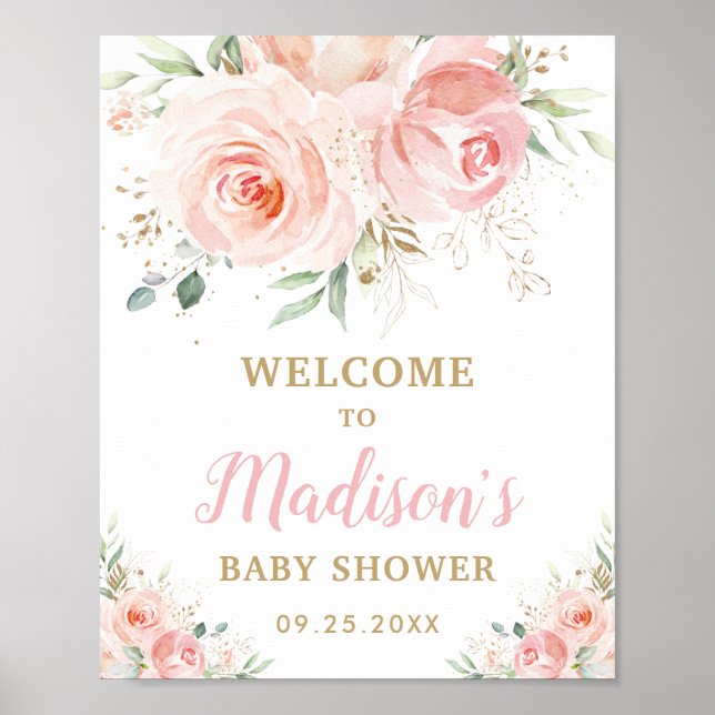 Affiche Baby shower floral rose pâle Bienvenue (Devant)