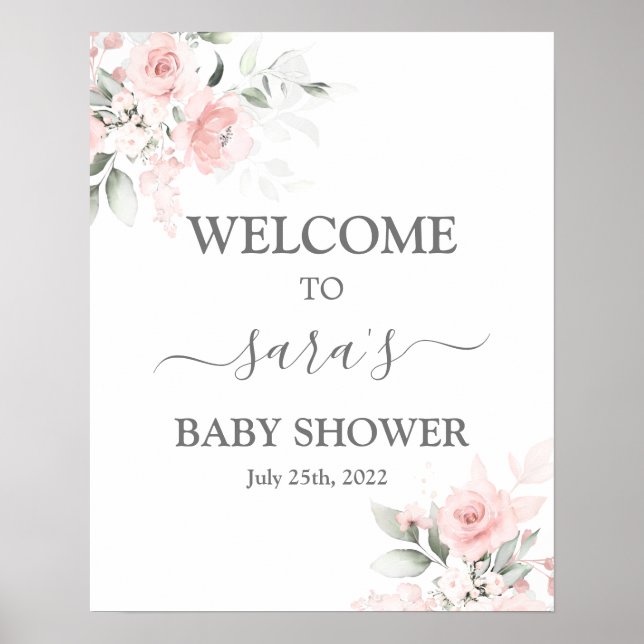 Affiche Baby shower floral rose pâle Fille Signal d'accuei (Devant)