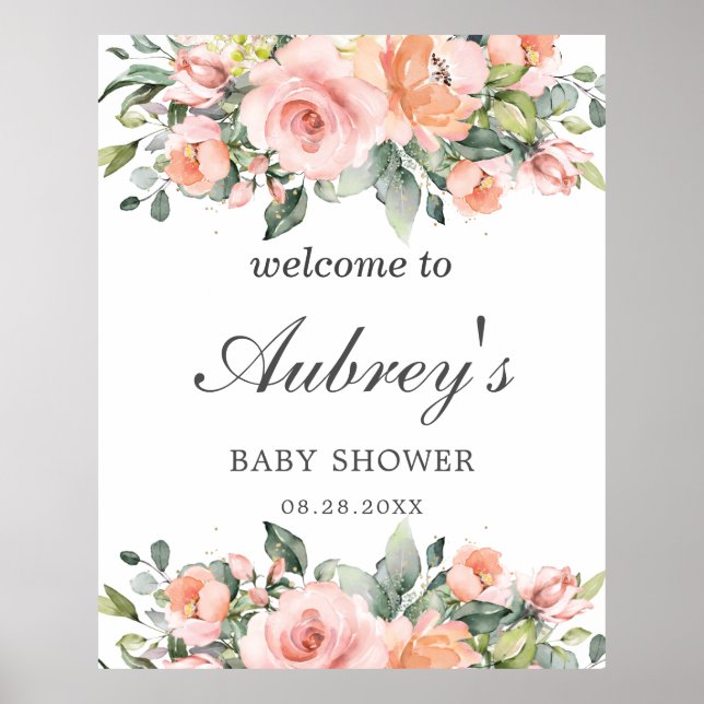 Affiche Baby shower floral rose rose rustique Bienvenue (Devant)
