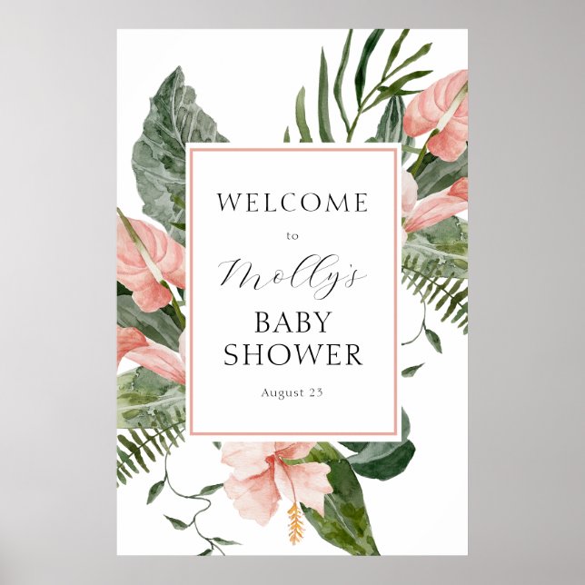 Affiche Baby shower floral rose tropical Bienvenue (Devant)