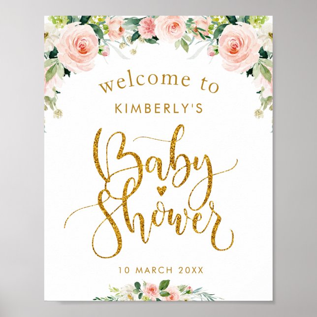Affiche baby shower floral rose vif panneau d'accueil (Devant)