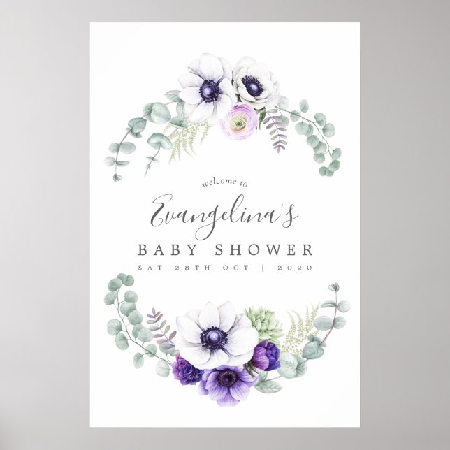 Affiche Baby shower Floral Violet Dusty (Devant)