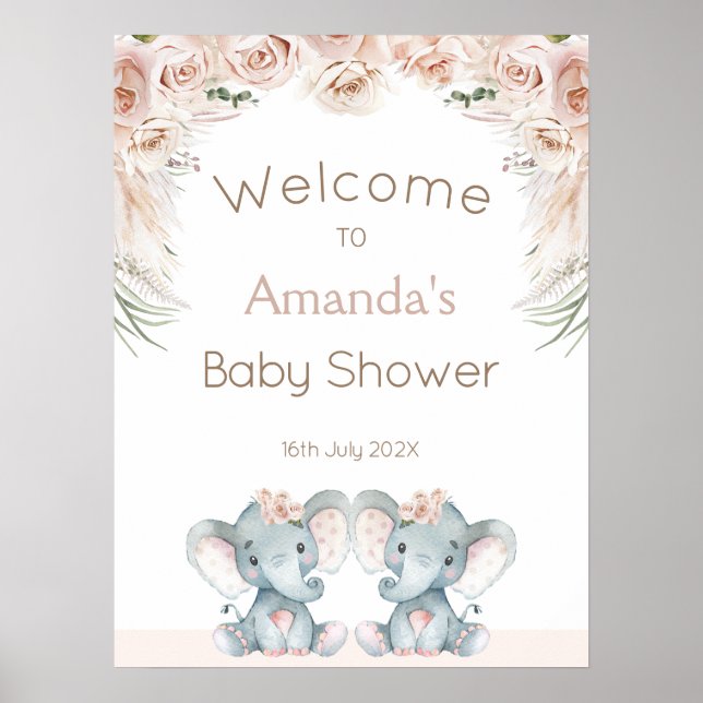 Affiche Baby shower Flush Twin Elephants Welcome (Devant)