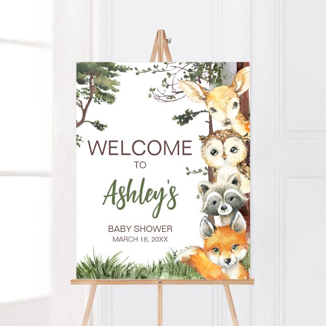 Affiche Baby shower forestier Animaux forestiers Bienvenue (Woodland Forest Baby Shower Welcome Sign)