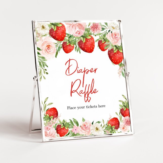 Affiche Baby shower fraise Raffin (Pink Floral Strawberry Baby Shower Diaper Raffle Sign)