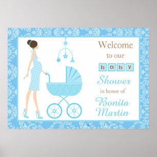 Affiche Baby shower garçon Brunette Damask bleu