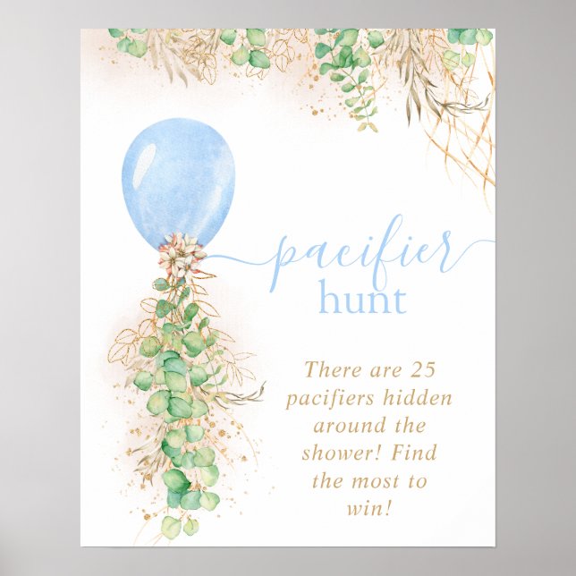 Affiche Baby shower garçon Eucalyptus Balloon Pacifier cha (Devant)