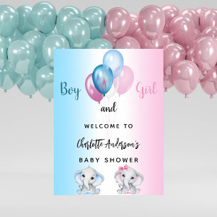 Affiche Baby shower garçon fille bleu rose éléphants bienv