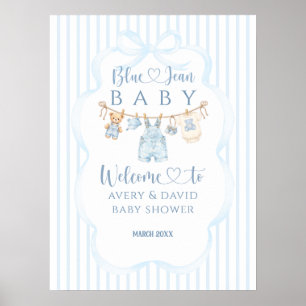 Affiche Baby-Shower Garçon Jean Bleu Moderne Rayé