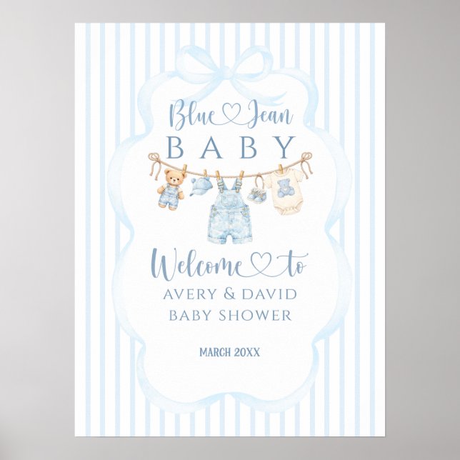 Affiche Baby-Shower Garçon Jean Bleu Moderne Rayé (Devant)