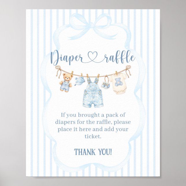 Affiche Baby Shower Garçon Moderne Rayure Jean Bleu (Devant)