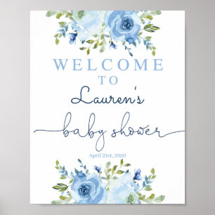 Affiche Baby shower garçon signe d'accueil, bleu fleuri